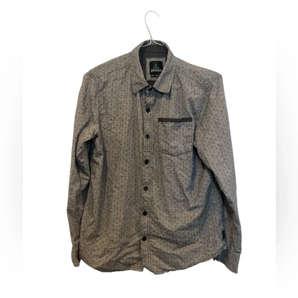 Prana Men’s Medium Gray Pattern Long Sleeve Button Up Outdoor Shirt Pocket EUC - Picture 1 of 4
